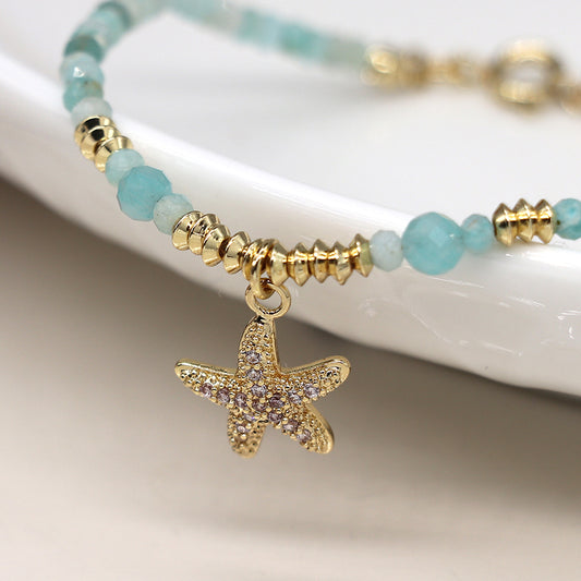 Aqua and Faux Gold Starfish Bracelet