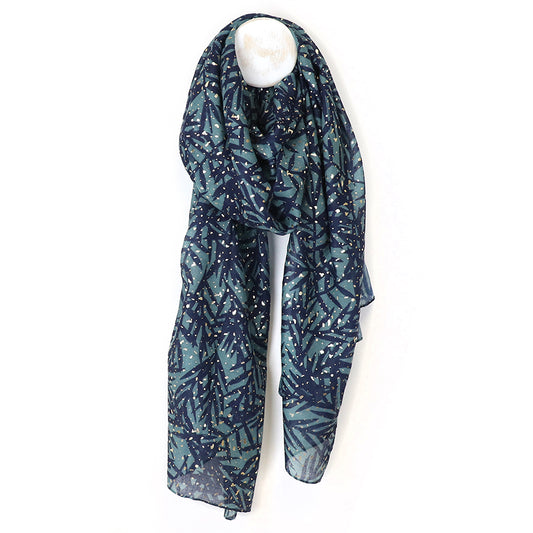 POM Recycled blend blue mix leaf and foil print scarf