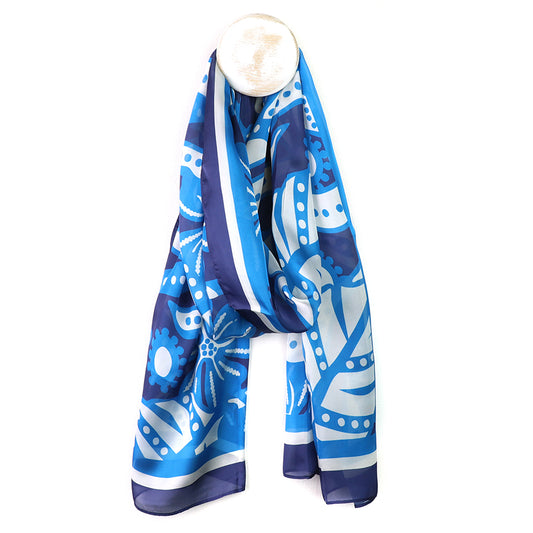 POM Recycled blue silky graphic monstera print scarf