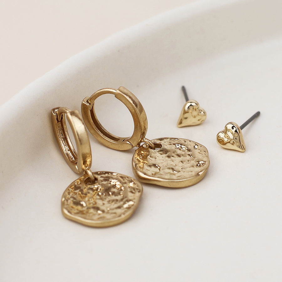 POM Solstice golden textured disc drop hoop and heart stud earring set