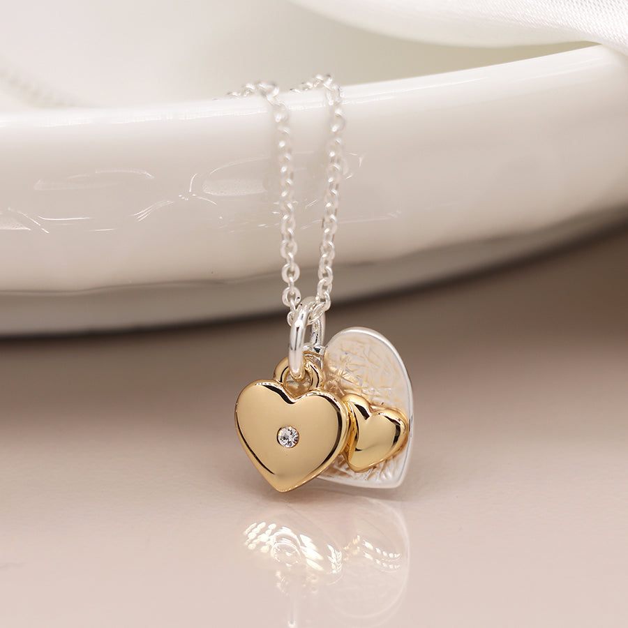 Double Heart Necklace in Silver/Gold Plate