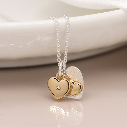 Double Heart Necklace in Silver/Gold Plate