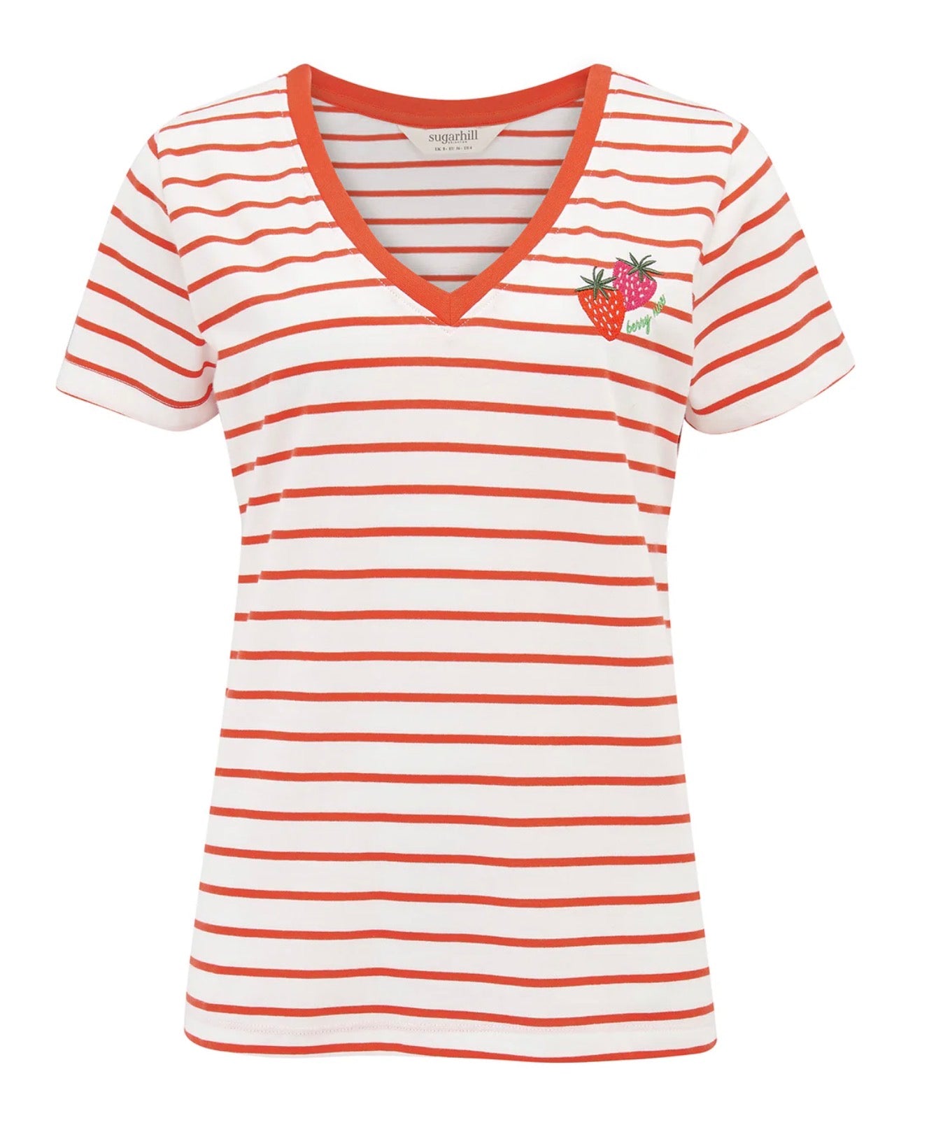 Sugarhill Khloe V Neck T-Shirt Stripe Strawberry