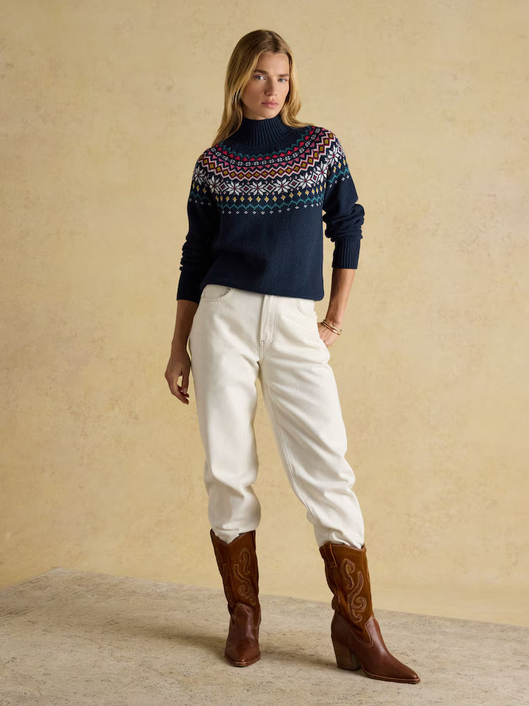 Joules Alba Navy Fairisle High Neck Cotton Blend Jumper
