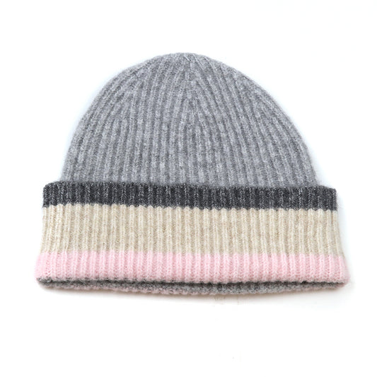 POM Pale grey and pink mix ribbed beanie hat