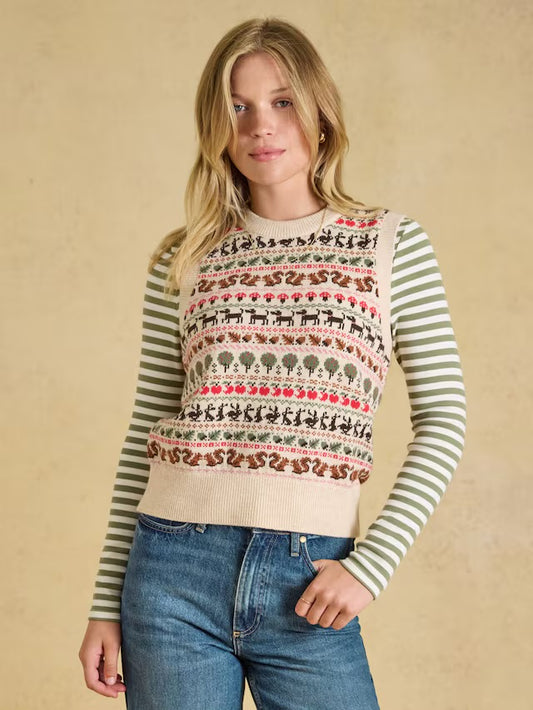 Joules Orchard Pattern Oatmeal Cotton Blend Crew Neck Knitted Vest