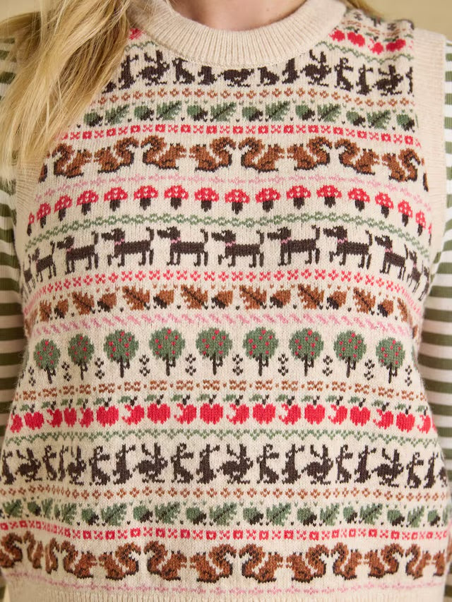 Joules Orchard Pattern Oatmeal Cotton Blend Crew Neck Knitted Vest