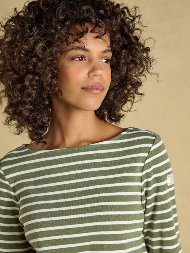 Joules Harbour Khaki Marl & Cream Stripe Long Sleeve Striped Boat Neck Breton Top