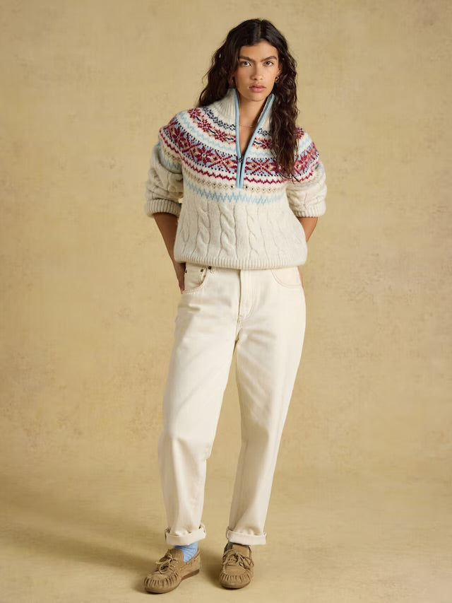 Joules Cream Cable Allaway Knit Fair Isle Half Zip Jumper