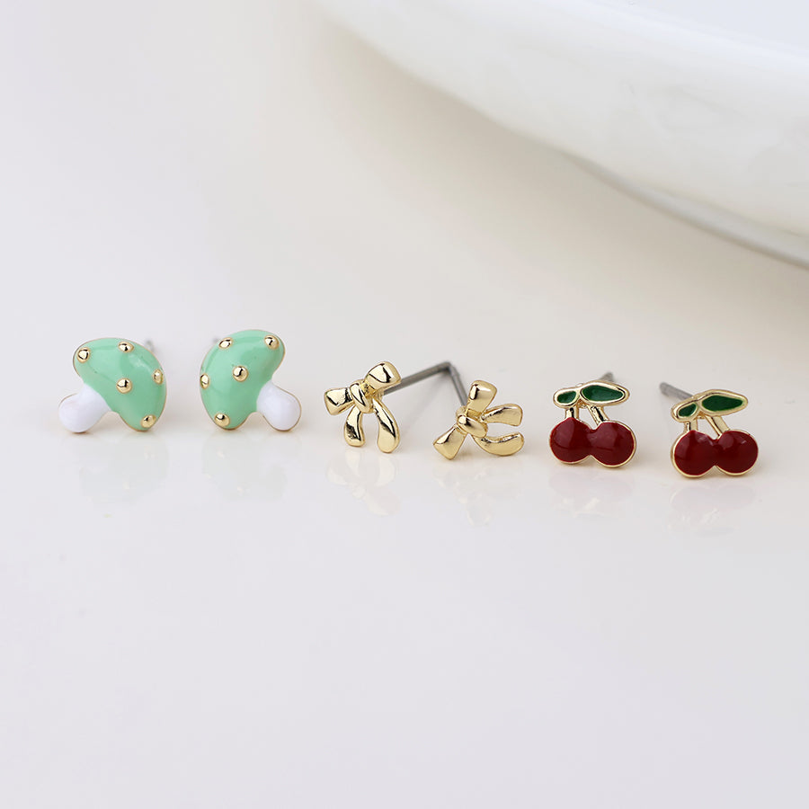 POM Golden toadstool, bow and cherry stud earring set