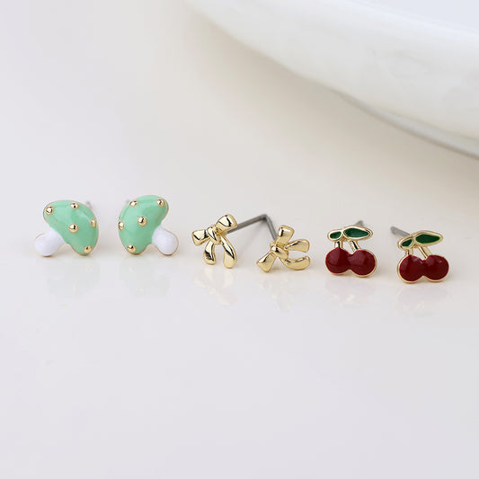 POM Golden toadstool, bow and cherry stud earring set