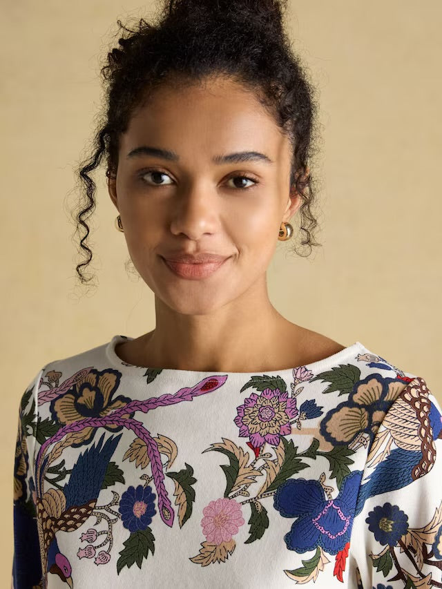 Joules Harbour Cream Bird Floral Boat Neck Printed Top