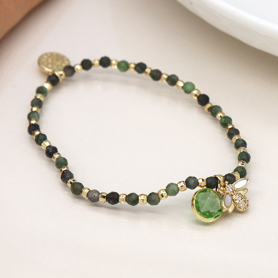 POM Green and golden bee charm bracelet