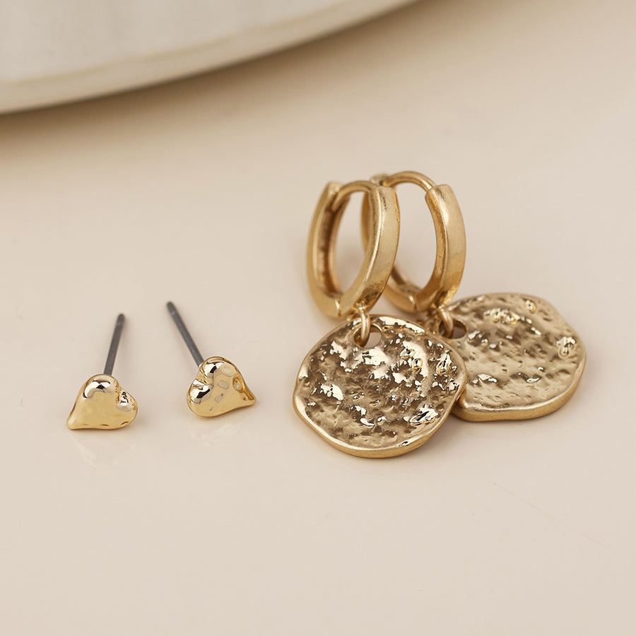 POM Solstice golden textured disc drop hoop and heart stud earring set