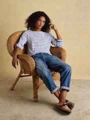 Joules Harbour Blue/Cream Boat Neck Long Sleeve Breton Stripe Top