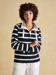 Joules Navy & Cream Striped Cotton Blend Sweatshirt with Buttoned Funnel Neck