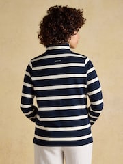 Joules Navy & Cream Striped Cotton Blend Sweatshirt with Buttoned Funnel Neck