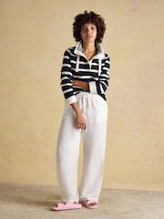 Joules Navy & Cream Striped Cotton Blend Sweatshirt with Buttoned Funnel Neck