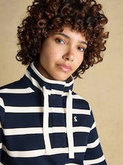 Joules Navy & Cream Striped Cotton Blend Sweatshirt with Buttoned Funnel Neck