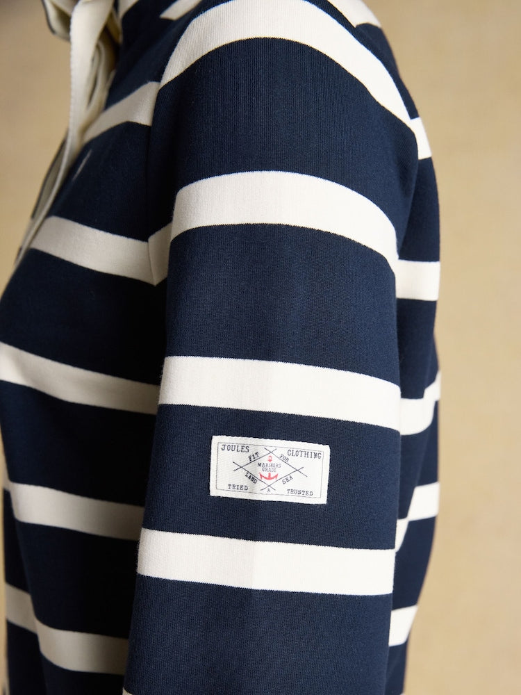 Joules Navy & Cream Striped Cotton Blend Sweatshirt with Buttoned Funnel Neck