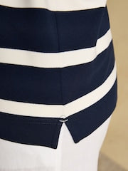Joules Navy & Cream Striped Cotton Blend Sweatshirt with Buttoned Funnel Neck