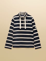 Joules Navy & Cream Striped Cotton Blend Sweatshirt with Buttoned Funnel Neck