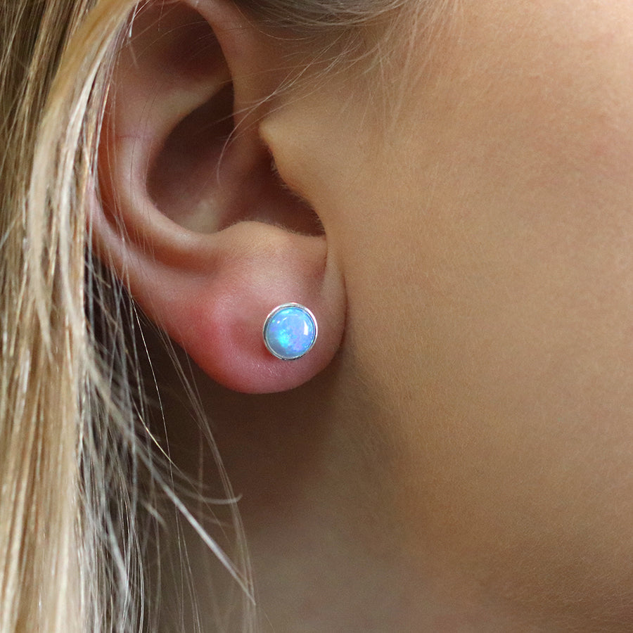 POM Sterling Silver Round Synth Blue Opal Stud Earrings