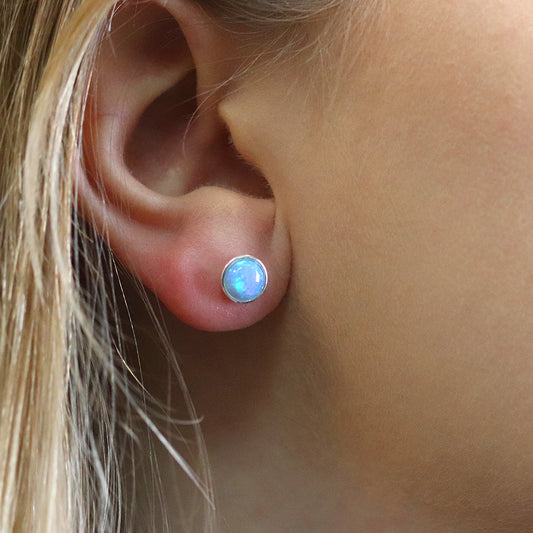 POM Sterling Silver Round Synth Blue Opal Stud Earrings