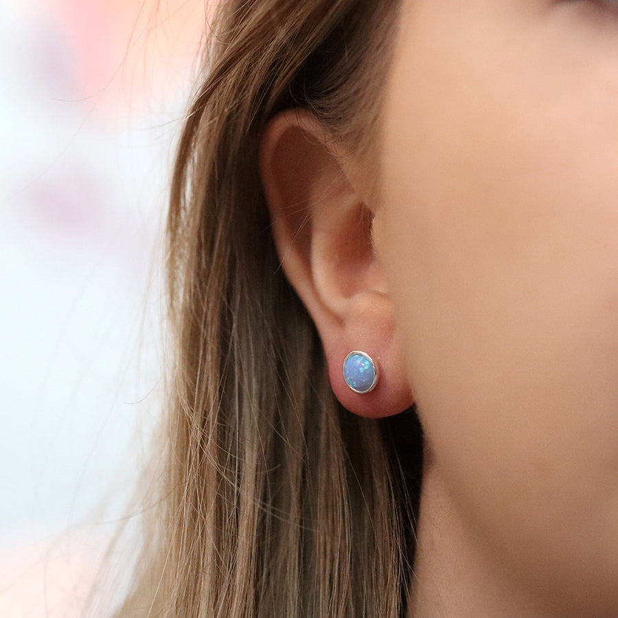 POM Sterling Silver Round Synth Blue Opal Stud Earrings