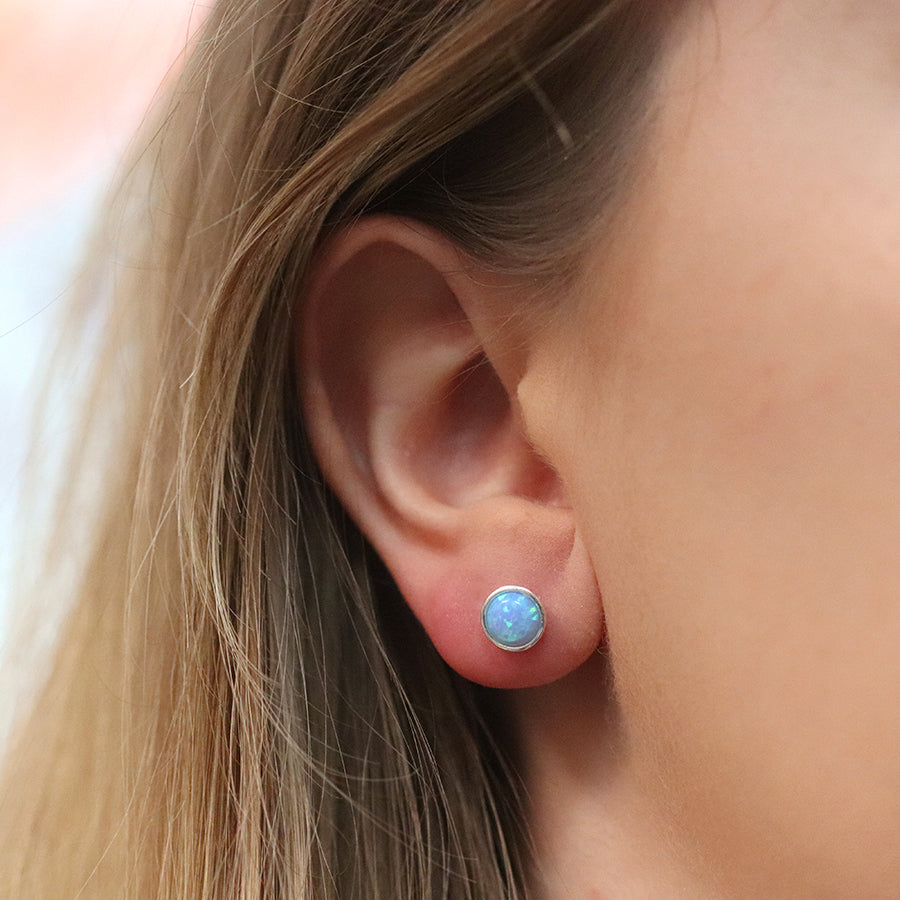 POM Sterling Silver Round Synth Blue Opal Stud Earrings