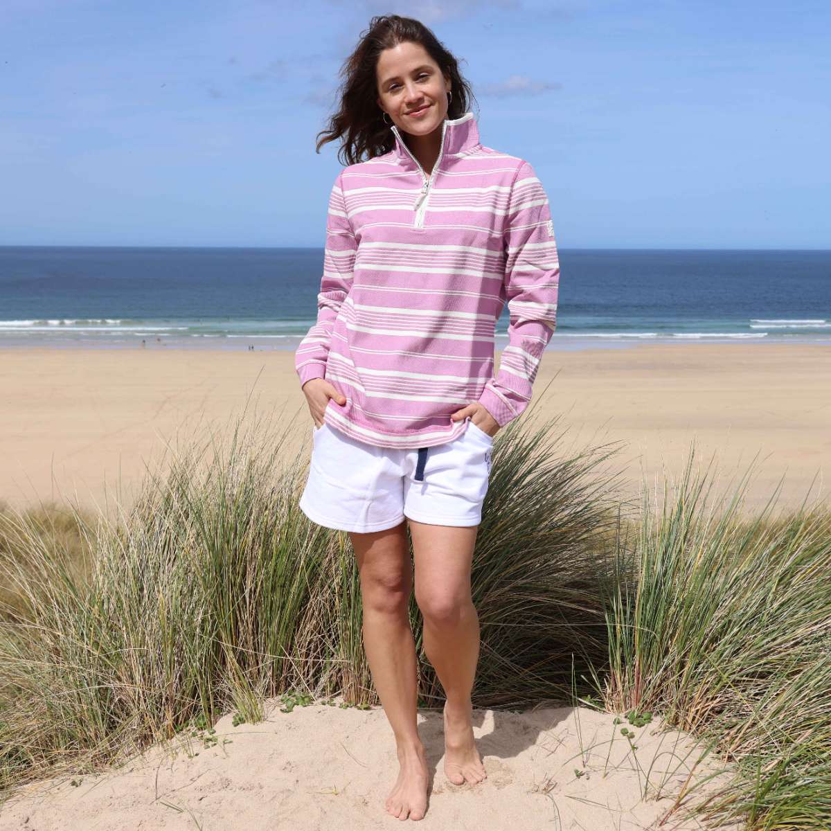 Pique 1/4 Zip Stripe Sweatshirt - Pink