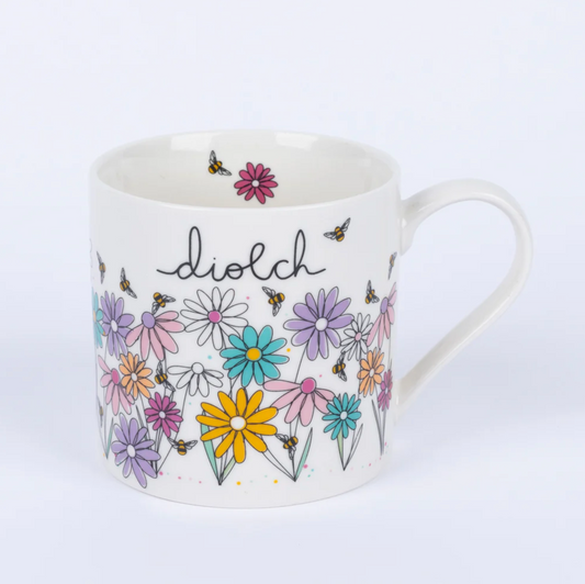 Welsh - Diolch Flowers & Bees Mug - Cymraeg
