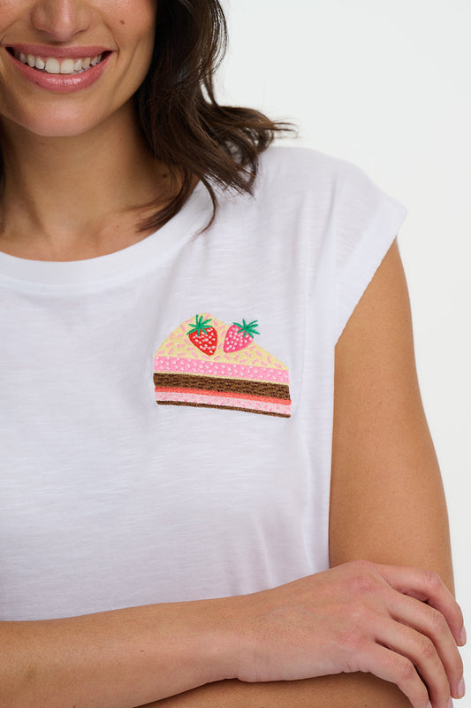 Sugarhill Chrissy Relaxed White Tank T-shirt with Cake